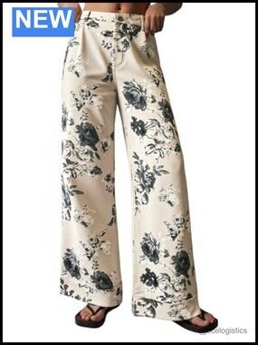 Floral Baggy Wide Leg Jeans High Waisted Denim Pants Boho